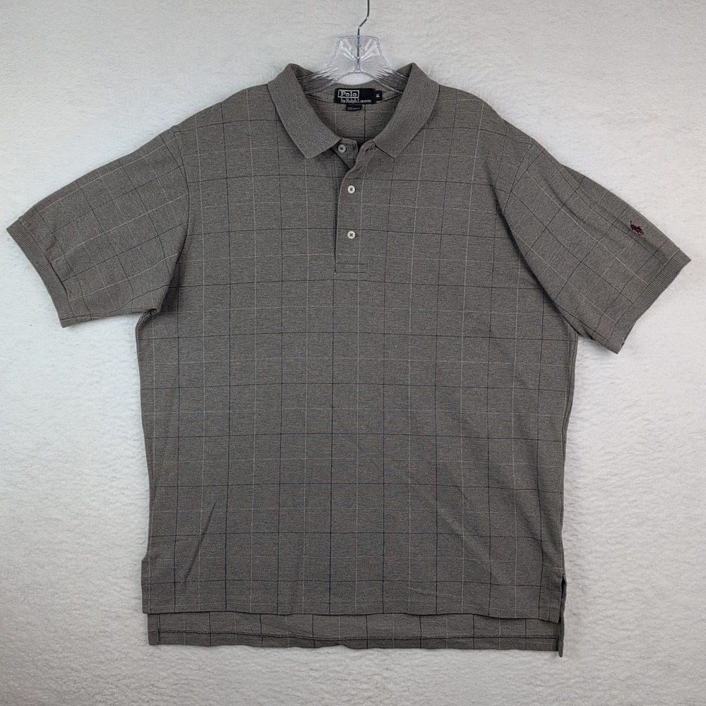 VTG Polo by Ralph Lauren Grey Windowpane Polo Shirt Mens XL USA Sleeve Pony